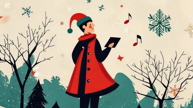 Flat design Christmas caroler in a modern, with bold, simplified shapes and a limited color palette set against a stylized winter landscape with musical notes. Christmas carolers
