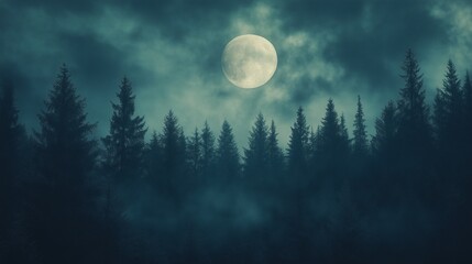 Fototapeta premium Full moon through the clouds over foggy river.