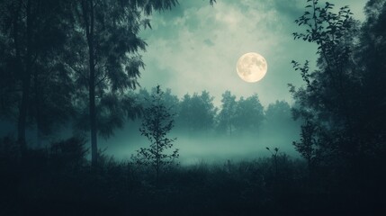 Full moon through the clouds over foggy river.