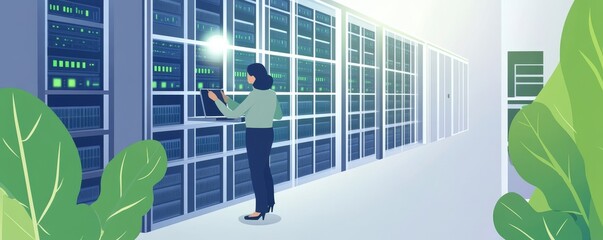 A technician working in a modern data center, managing servers and ensuring optimal performance in a secure environment.