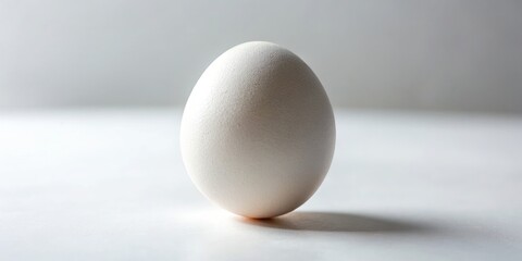A sophisticated white egg rests on a pristine white background, embodying minimalist food photography that highlights the beauty of simplicity and purity in design.