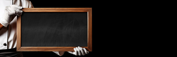 Close-up of the white gloved hands of a chef or a waiter, holding an empty blackboard with wooden frame and copy space, isolated on black background. Template for a restaurant menu. Generative Ai.