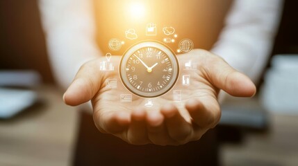 A close-up of a hand holding a clock, symbolizing time management and productivity in a modern business environment.