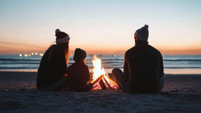 Portrait of a family celebrating Christmas around a bonfire on the beach photo