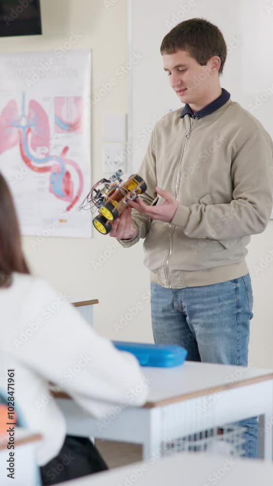 Poster Education, presentation and robotics with student man in classroom of college for speech. Electronic car, lecture and talking with learner at school or university for learning, scholarship or study