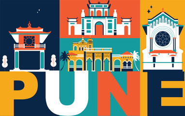 Pune culture travel set, Indian famous architectures and specialties in flat design. Business travel and tourism concept clipart. Image for presentation, banner, website, advert, flyer, roadmap