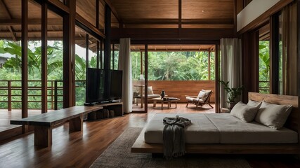 Fototapeta premium AI-Generated Image of Minimalist Modern Wooden House in the nature.