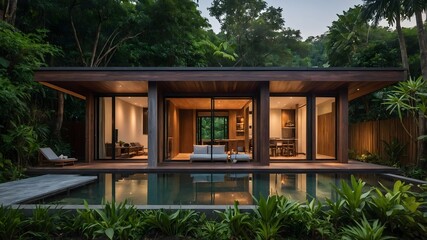 AI-Generated Image of Minimalist Modern Wooden House in the nature.