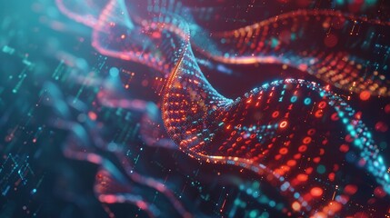 A colorful 3D DNA strand glows with animated binary code and digital data, representing the fusion of biology and technology. Generative AI