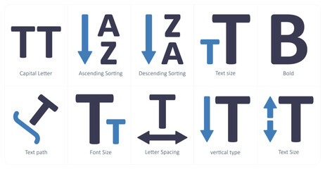 A set of 10 editing tools icons as capital letter, ascending sorting, descending sorting