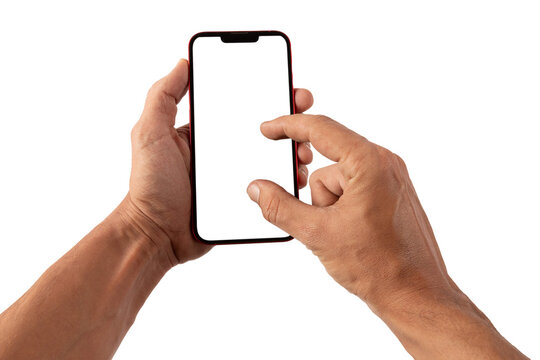 Male hands holding a red smartphone, zoom in or out gesture, no background blanc screen mockup