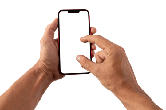 Male hands holding a red smartphone, zoom in or out gesture, no background blanc screen mockup