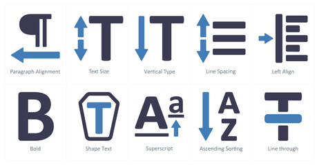 A set of 10 editing tools icons as paragraph alignment, text size, vertical type