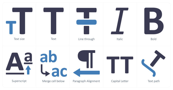 A set of 10 editing tools icons as text size, text, line through, italic