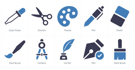 A set of 10 editing tools icons as color picker, scissors, theme