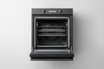 A top-down view of a kitchen oven with its door open, showing empty racks inside, set against a clear, neutral background