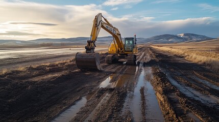 Obraz premium Excavator on a Muddy Dirt Road with Mountain Background