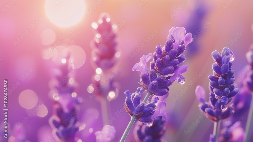 Sticker Aromatic fresh lavender buds and essential oil drops