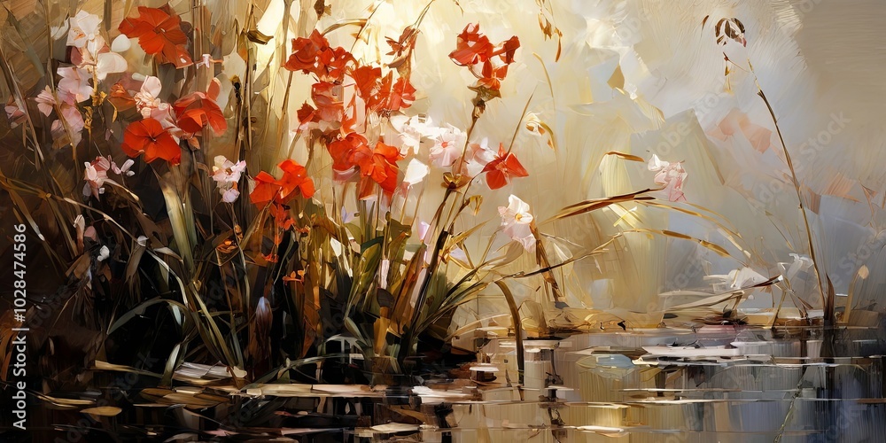 Poster a painting of a field of flowers with a pond in the background