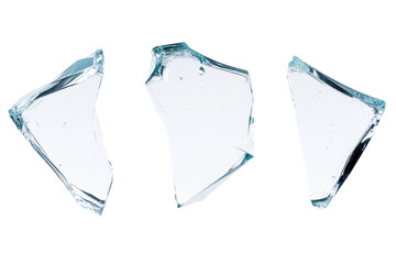 Three pieces of broken glass are shown in a white background. The glass is shattered and scattered, creating a sense of chaos and destruction. The image evokes a feeling of fragility and vulnerability