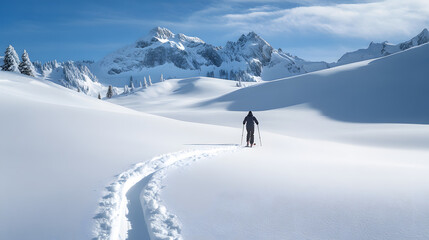 A skier making fresh tracks on untouched snow in a remote backcountry area with no one else around.