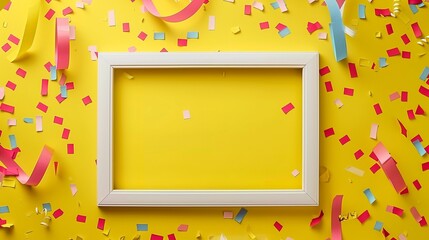 White frame mockup with confetti and serpentine on yellow background. Festive party-ready pictureframe template advertising image. Ribbon decorations photoframe border mock up product