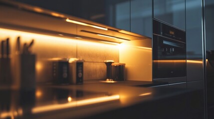 A modern kitchen with ambient lighting and sleek appliances, showcasing a minimalist design.