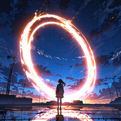 Anime girl looking magical glowing portal. Futuristic, artistic 