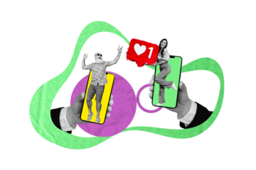 Creative trend collage of excited young female retired male hands hold smartphone heart icon notification date matching app social media