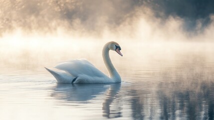 Fototapeta premium A serene swan gliding on a misty lake at dawn, capturing tranquility and natural beauty.