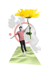 Poster banner image collage of funky young guy catch flying yellow daisy up in the sky surreal summer adventure concept
