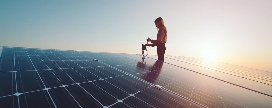 A technician inspecting solar panels at sunset, highlighting renewable energy and sustainable technology in action.