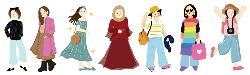 Modern women collection. Female diverse faces of different ethnicity. Women empowerment movement pattern. International womens day graphic vector. Isolated on transparent background. 
