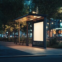 Blank white bus stop advertising mockup. Night city scene background. Glowing screen, digital signage mockup. Blank billboard at bus stop for advertising, empty space template.
