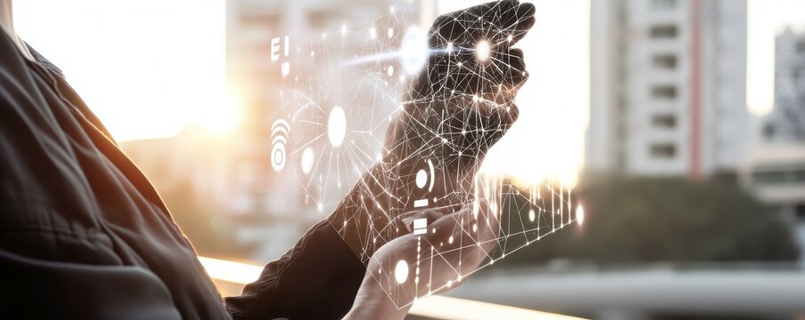 A person interacting with a digital interface, showcasing technology and innovation in a vibrant urban setting.