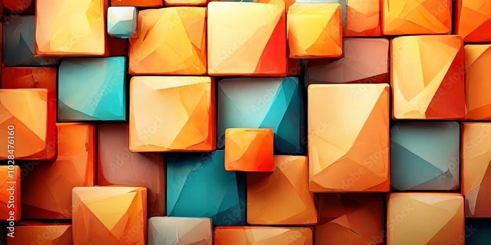 Poster a colorful wall made of blocks with a blue square in the middle