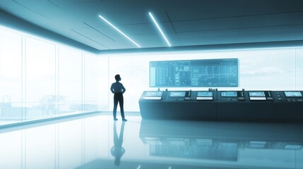 Fototapeta premium A futuristic control room with a lone figure observing digital displays, symbolizing technology and innovation.