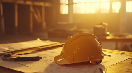 A yellow hard hat rests on architectural plans in a sunlit construction environment.