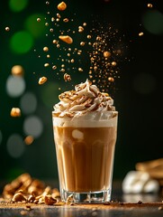 Delicious coffee drink topped with whipped cream and nuts