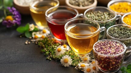 close-up of A collection of herbal teas like chamomile and green tea, highlighting calming effects and antioxidant properties