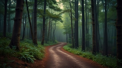 A winding dirt road leads through a dense, misty forest, sunlight filtering through the trees creating a mysterious and inviting atmosphere.