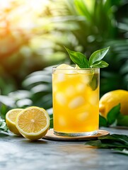 Fototapeta premium Refreshing citrus drink with lemon and basil in a tropical setting