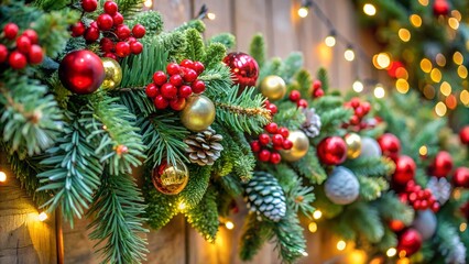 Fototapeta premium Lush green pine branches with red and gold Christmas ornaments, festive mood, illuminated by glowing lights in a cozy holiday atmosphere. 
