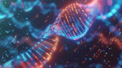 The vibrant 3D DNA strand merges with colorful data streams and binary digits, illustrating the connection between biology and technology. Generative AI