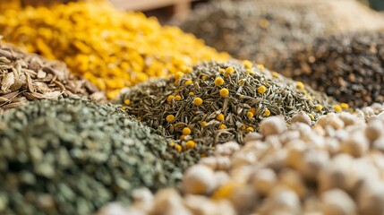 close-up of A collection of herbal teas like chamomile and green tea