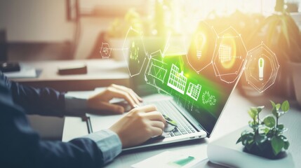 Close-up of hands typing on laptop with green digital graphics, symbolizing innovation and technology in a modern workspace.