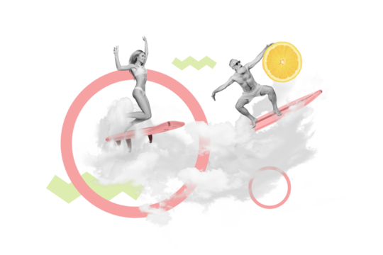 Image picture collage poster of active sport people enjoy extreme water activity ride surferboard on ocean sea