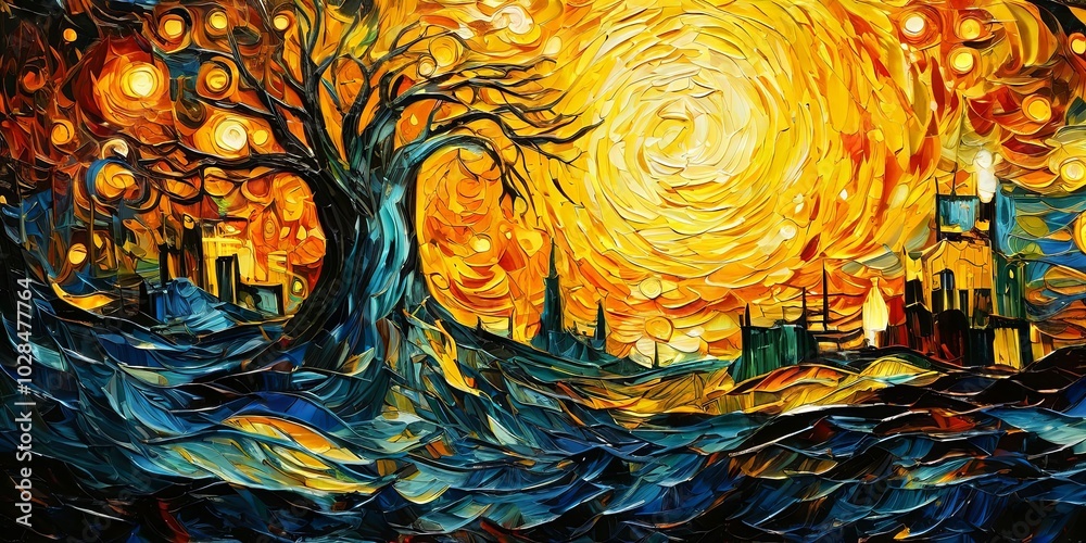 Poster a painting of a tree with a city in the background