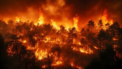 Fototapeta premium Wildfire engulfing a dense forest, the orange flames leaping into the air