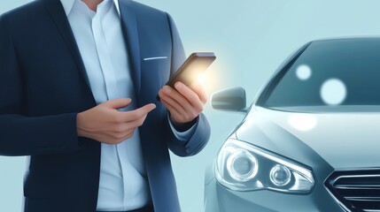 A businessman using a smartphone near a modern car, showcasing technology and mobility in a digital age.